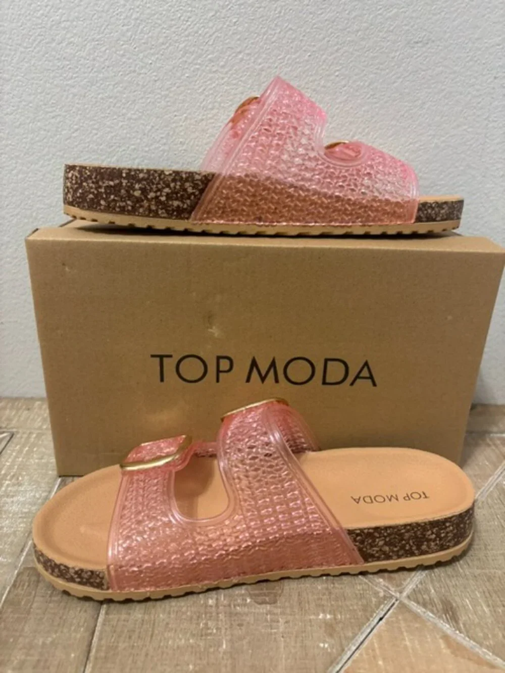 NEW Top Moda Seattle Clear Double Strap Slide Sandals Pink Size 7 - Picture 3 of 6